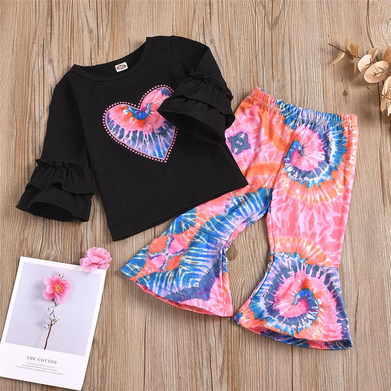 Girls Heart Embroidered Top & Tie Dye Bell Trousers Toddler Girls Wholesale - PrettyKid