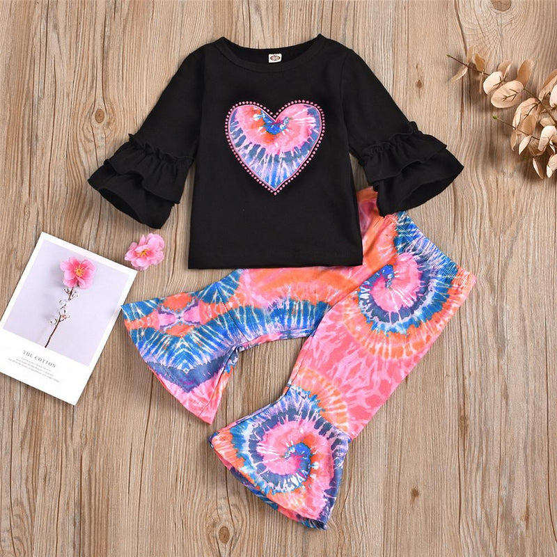 Girls Heart Embroidered Top & Tie Dye Bell Trousers Toddler Girls Wholesale - PrettyKid