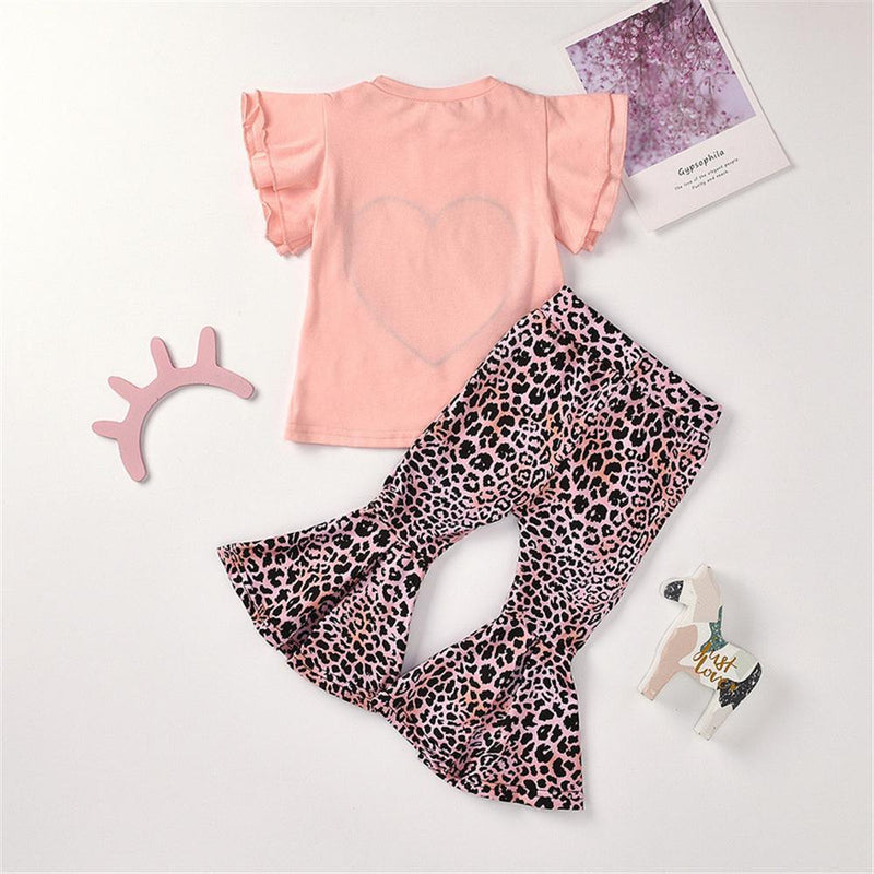 Girls Heart Leopard Printed Short Sleeve Top & Bell Trousers Wholesale Girl clothes - PrettyKid
