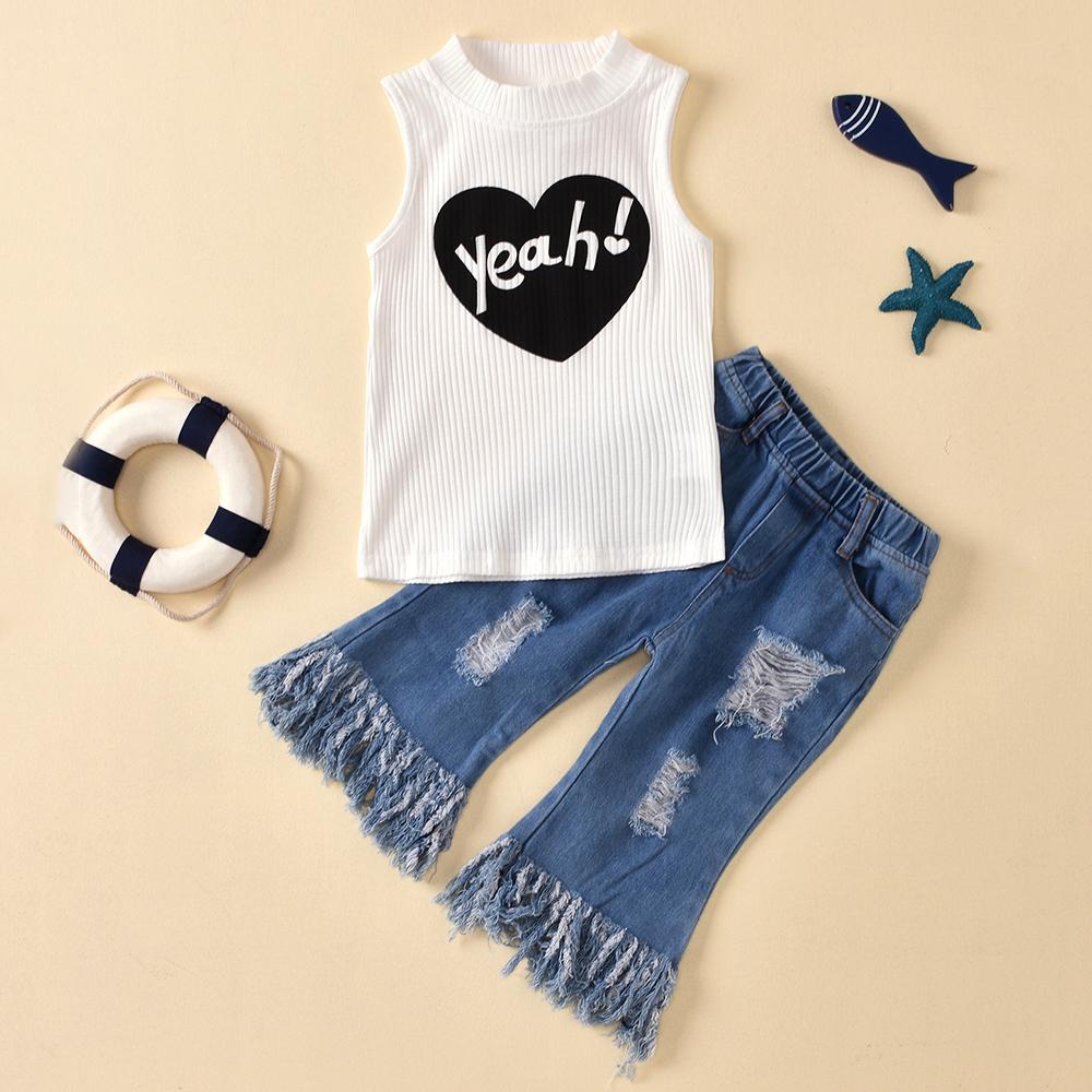 Girls Heart Letter Printed Sleeveless Top & Tassel Ripped Jeans Wholesale Clothing For Girls - PrettyKid