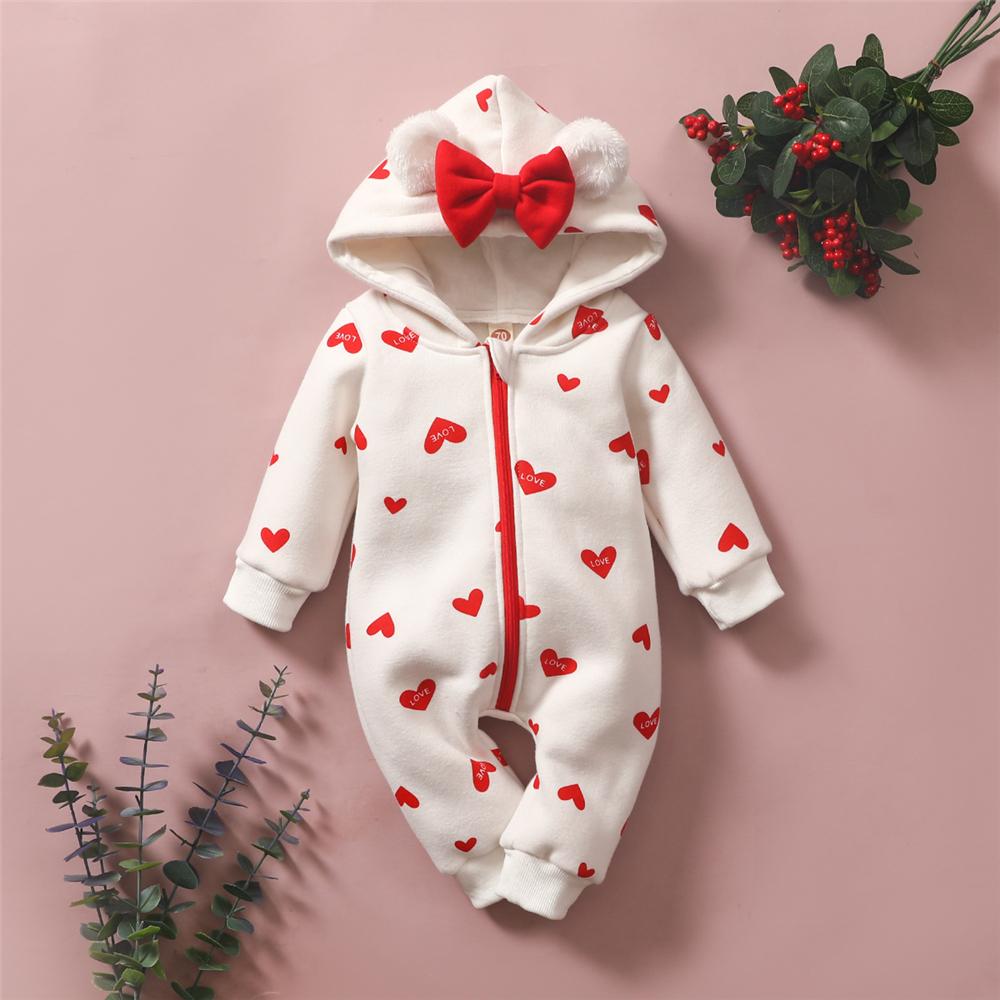 Baby Girls Heart Love Printed Long Sleeve Cute Hooded Romper Baby Clothing Wholesale Distributors - PrettyKid