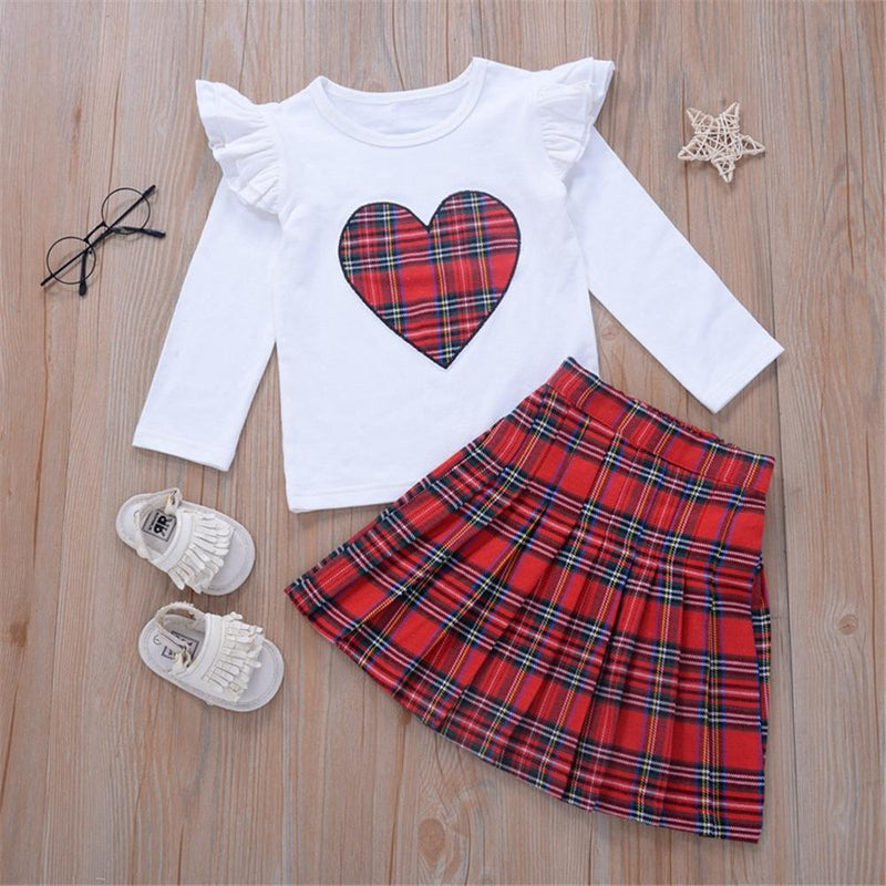 Girls Heart Plaid Long Sleeve Tops & Skirt Wholesale Girl Clothing - PrettyKid