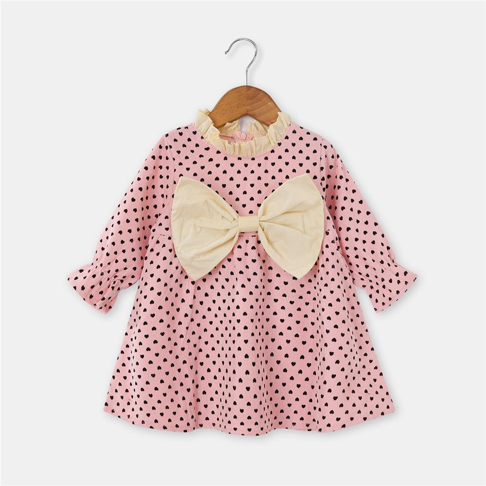 Girls Heart Printed Bow Decor Long Sleeve Dress Wholesale Girl Dresses - PrettyKid