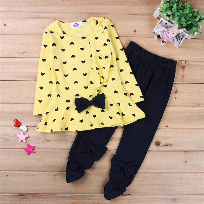 Girls Heart Printed Long Sleeve Bow Decor Tops & Trousers - PrettyKid
