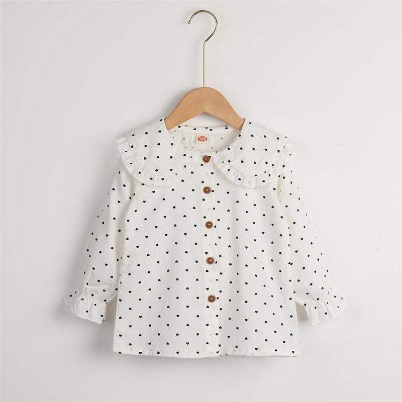 Girls Button Heart Printed Long Sleeve Cotton Blouse Kids Boutique Wholesale - PrettyKid