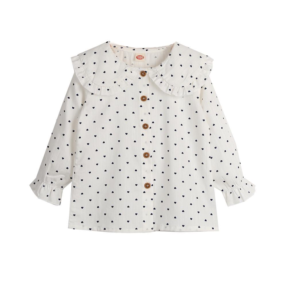 Girls Button Heart Printed Long Sleeve Cotton Blouse Kids Boutique Wholesale - PrettyKid