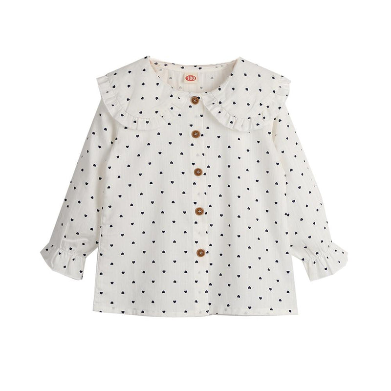 Girls Button Heart Printed Long Sleeve Cotton Blouse Kids Boutique Wholesale - PrettyKid