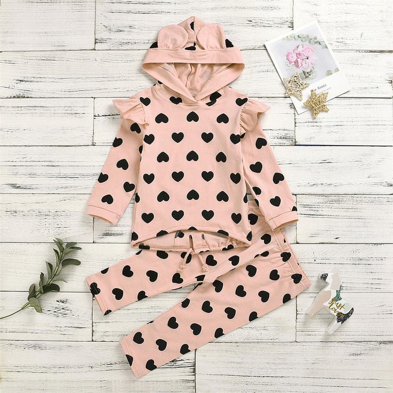 Girls Heart Printed Long Sleeve Hooded Top & Pants - PrettyKid