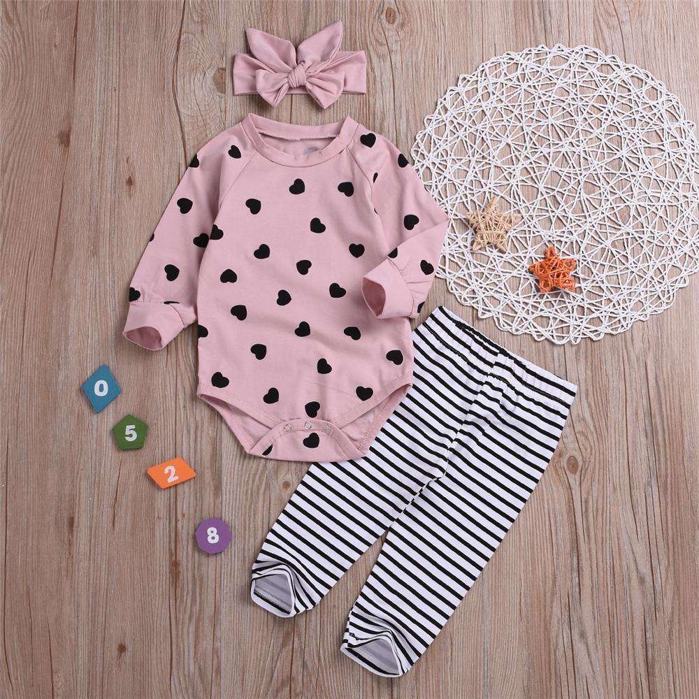 Baby Girls Heart Printed Romper & Striped Pants & Headband Wholesale - PrettyKid