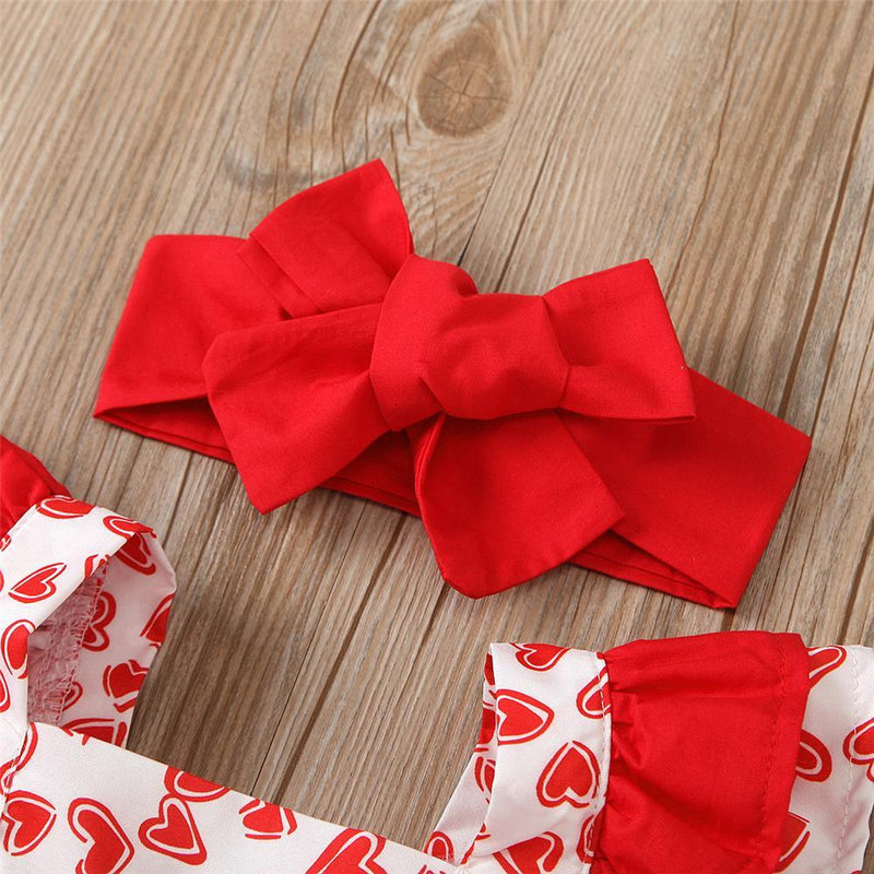 Baby Girls Heart Printed Ruffled Sleeve Romper Dress & Headband Wholesale Baby clothing - PrettyKid