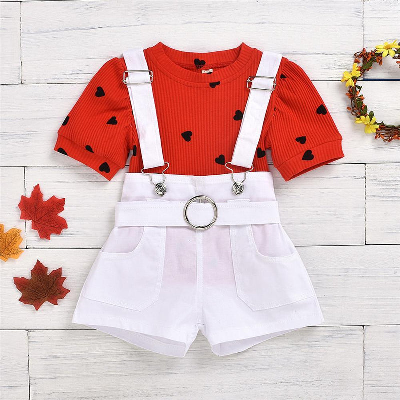 Girls Heart Printed Short Sleeve Top & White Overalls Girls clothes Wholesale - PrettyKid