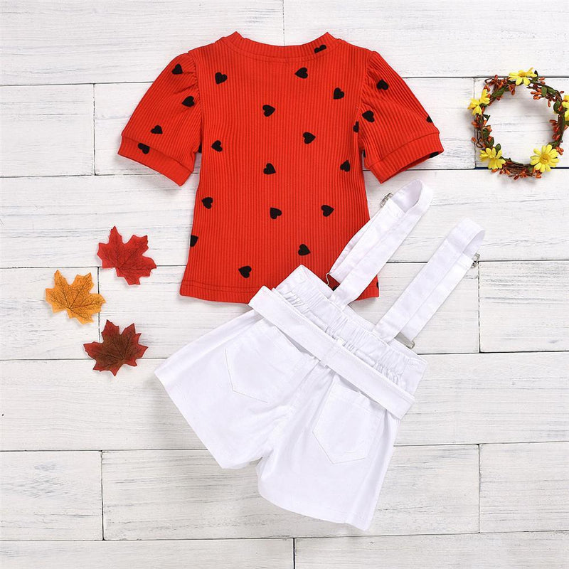 Girls Heart Printed Short Sleeve Top & White Overalls Girls clothes Wholesale - PrettyKid