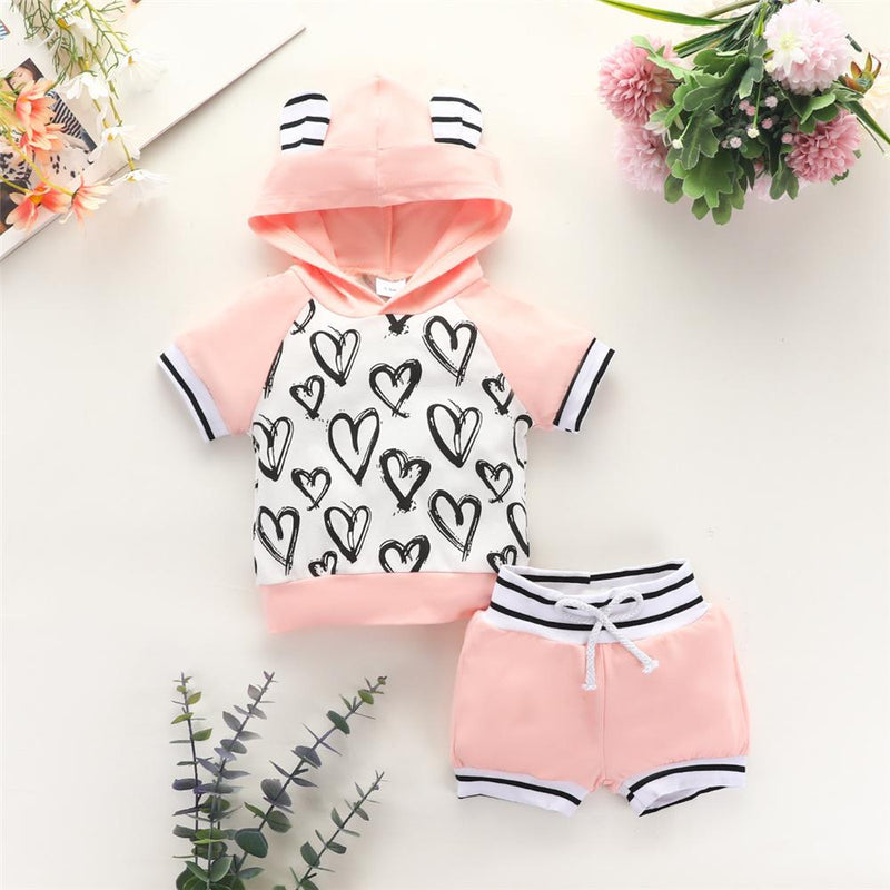 Baby Girls Heart Printed Stripe Short Sleeve Hooded Top & Shorts Baby Clothes Wholesale Supplier - PrettyKid