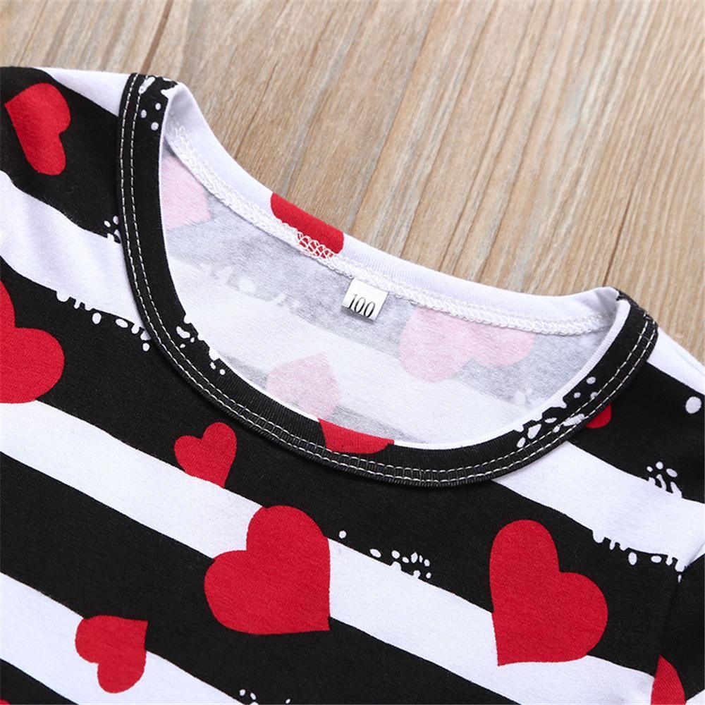 Girls Heart Printed Striped Short Sleeve Bow Decor Tulle Dress Toddler Girls Wholesale - PrettyKid