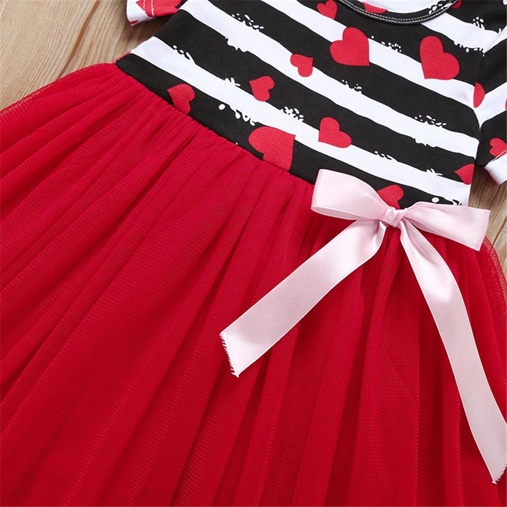 Girls Heart Printed Striped Short Sleeve Bow Decor Tulle Dress Toddler Girls Wholesale - PrettyKid