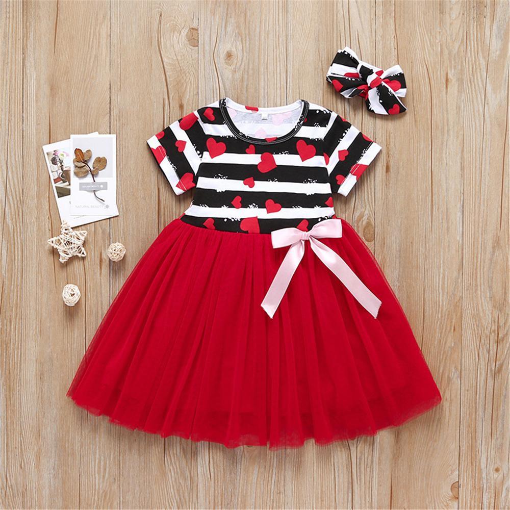 Girls Heart Printed Striped Short Sleeve Bow Decor Tulle Dress Toddler Girls Wholesale - PrettyKid