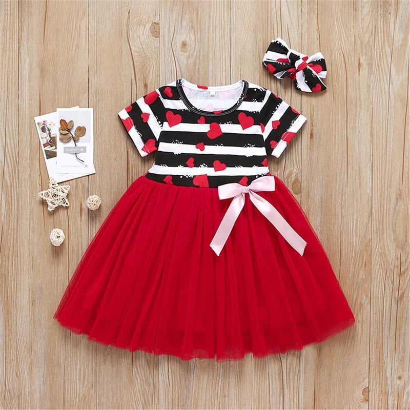Girls Heart Printed Striped Short Sleeve Bow Decor Tulle Dress Toddler Girls Wholesale - PrettyKid