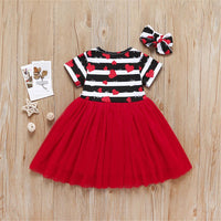 Girls Heart Printed Striped Short Sleeve Bow Decor Tulle Dress Toddler Girls Wholesale - PrettyKid