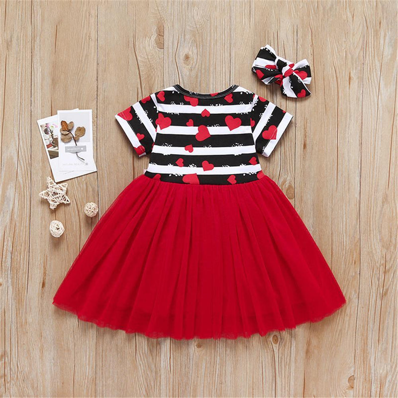 Girls Heart Printed Striped Short Sleeve Bow Decor Tulle Dress Toddler Girls Wholesale - PrettyKid