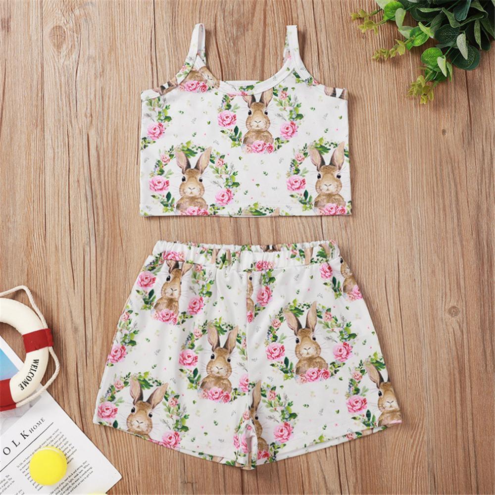 Girls Heart Rabbit Printed Sling Printed Top & Shorts Baby Girl Wholesale - PrettyKid