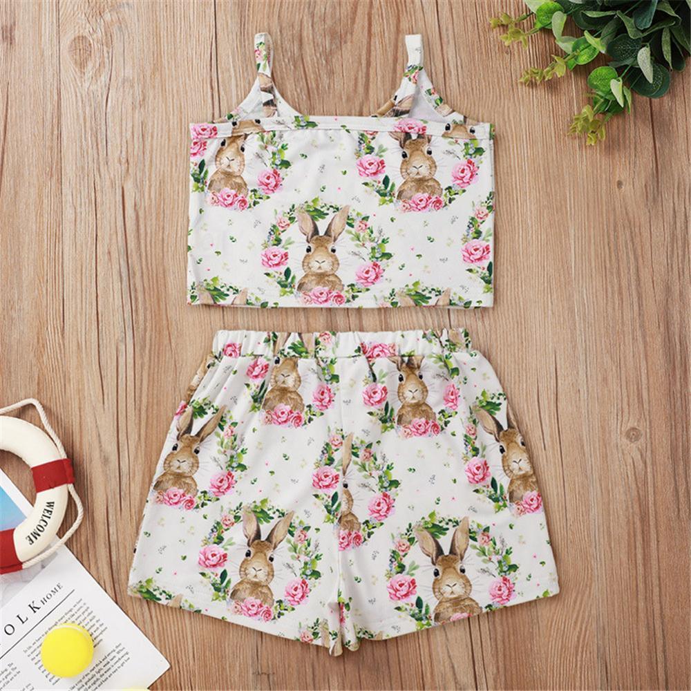 Girls Heart Rabbit Printed Sling Printed Top & Shorts Baby Girl Wholesale - PrettyKid