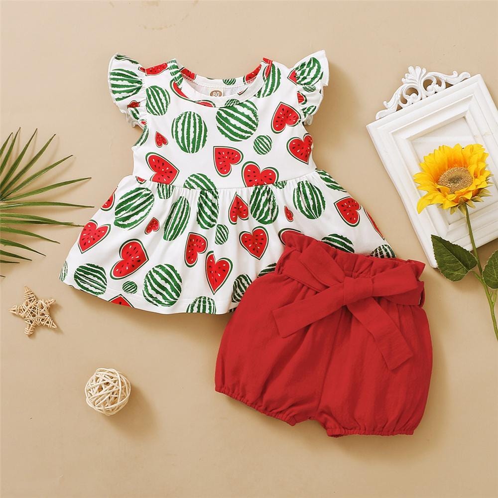 Girls Heart Shape Fruit Printed Summer Top & Solid Shorts Bulk Childrens Clothing Suppliers - PrettyKid