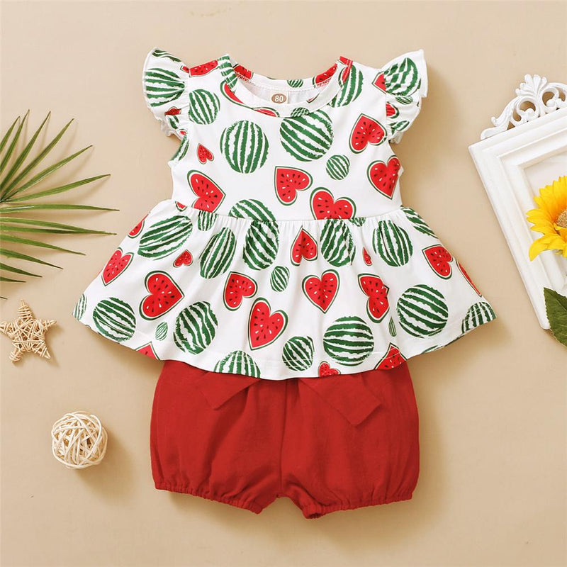 Girls Heart Shape Fruit Printed Summer Top & Solid Shorts Bulk Childrens Clothing Suppliers - PrettyKid