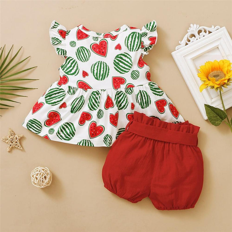 Girls Heart Shape Fruit Printed Summer Top & Solid Shorts Bulk Childrens Clothing Suppliers - PrettyKid