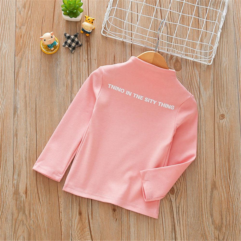 Girls High Collar Letter Print Solid Tops - PrettyKid