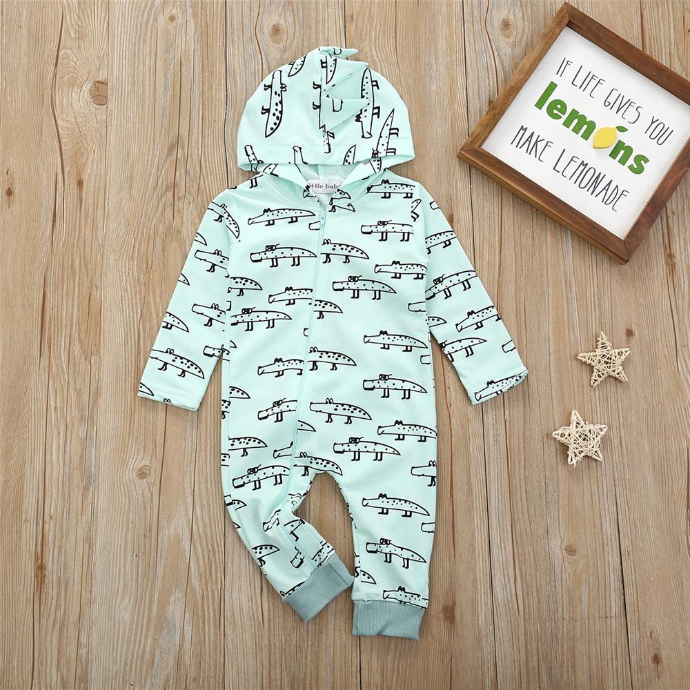 Baby Boys Hippo Cartoon Hooded Long Sleeve Rompers - PrettyKid