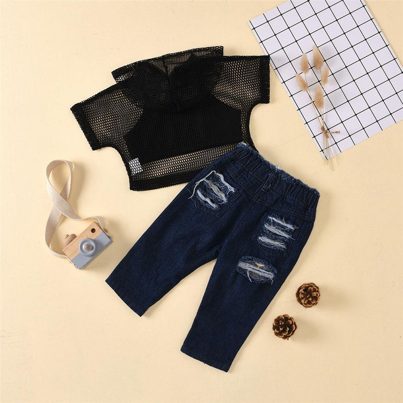 Girls Hollow Out Hooded Short Sleeve Top & Vest & Ripped Jeans Wholesale clothes For Girls - PrettyKid