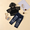 Girls Hollow Out Hooded Short Sleeve Top & Vest & Ripped Jeans Wholesale clothes For Girls - PrettyKid
