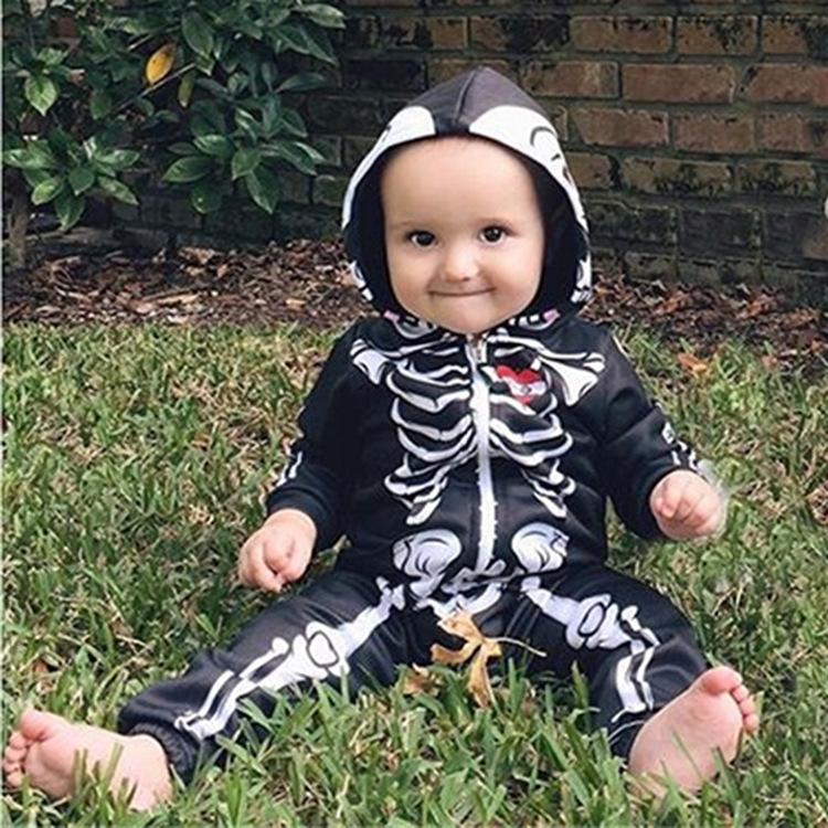 Baby Holloween Skull Print Long Sleeve Bodysuit - PrettyKid