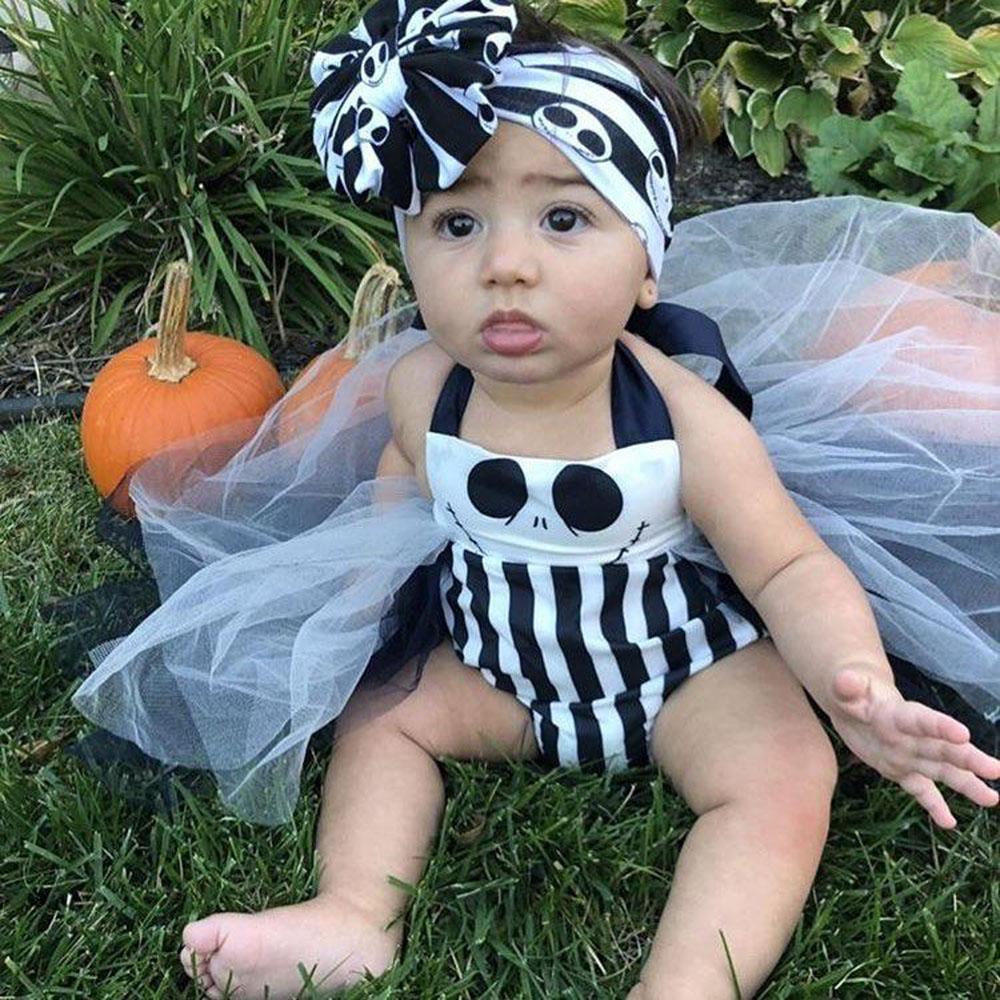 Baby Girls Holloween Skull Ptint Stripe Mesh Dress - PrettyKid