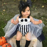 Baby Girls Holloween Skull Ptint Stripe Mesh Dress - PrettyKid