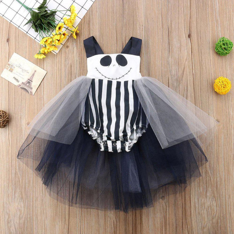 Baby Girls Holloween Skull Ptint Stripe Mesh Dress - PrettyKid