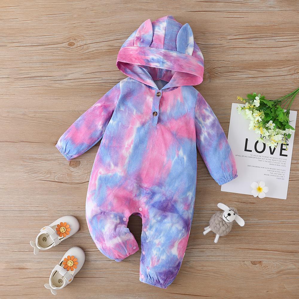 Baby Girls Hooded Cute Long Sleeve Tie-dye Romper Baby Clothing In Bulk - PrettyKid