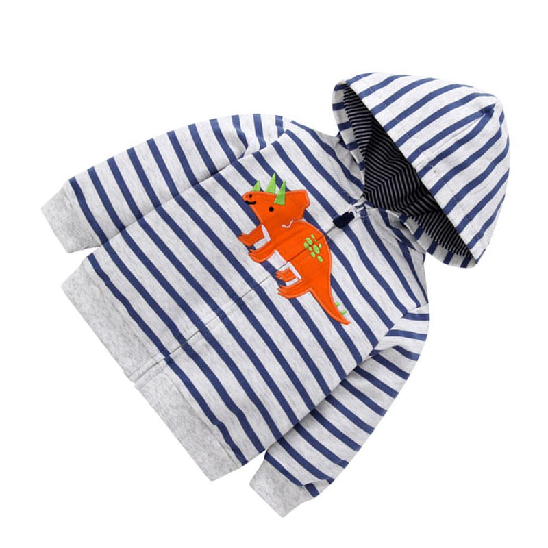 Boys Hooded Dino Long Sleeve Zipper Stripe Jacket - PrettyKid