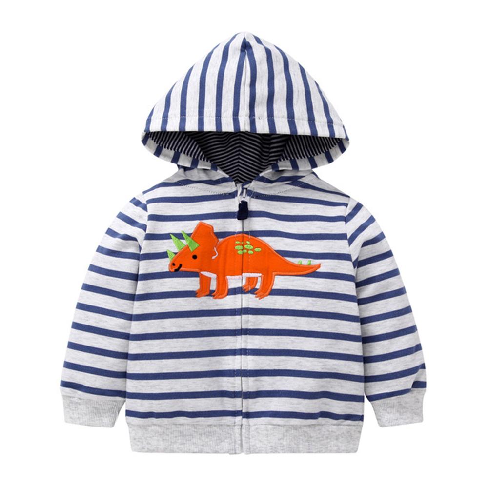 Boys Hooded Dino Long Sleeve Zipper Stripe Jacket - PrettyKid