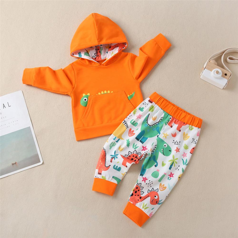 Boys Hooded Dinosaur Printed Long Sleeve Top & Pants - PrettyKid