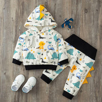 Baby Hooded Dinosaur Printed Long Sleeve Tops & Pants - PrettyKid