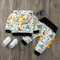 Baby Hooded Dinosaur Printed Long Sleeve Tops & Pants - PrettyKid