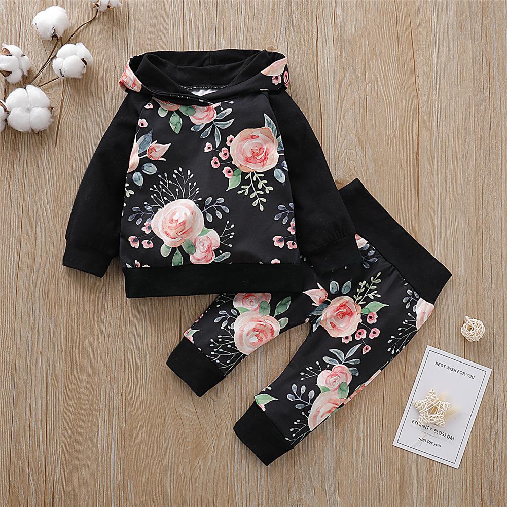 Baby Girls Hooded Floral Long Sleeve Top & Pants Cheap Bulk Baby Clothes - PrettyKid