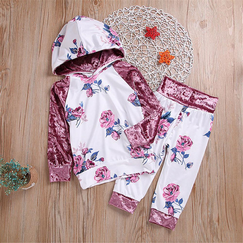 Girls Hooded Floral Printed Long Sleeve Jumper & Pants - PrettyKid