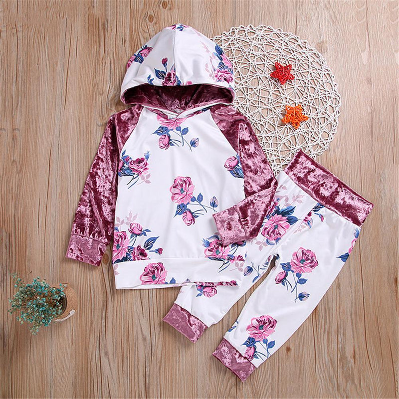 Girls Hooded Floral Printed Long Sleeve Jumper & Pants - PrettyKid