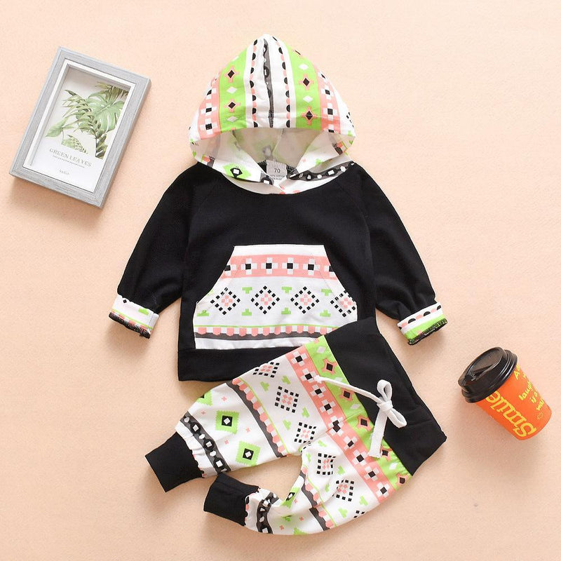 Boys Hooded Geometric Printed Long Sleeve Tops & Pants - PrettyKid