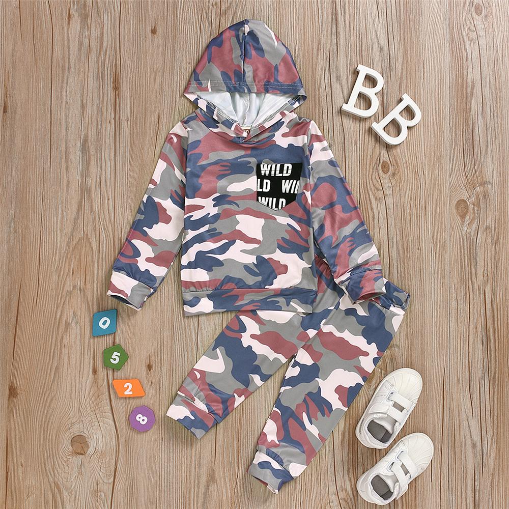 Baby Boys Hooded Letter Camo Hooded Top & PantsBaby Clothes Wholesale Bulk - PrettyKid