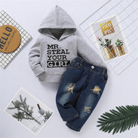 Boys Hooded Letter Printed Long Sleeve Jumper & Denim Pants - PrettyKid