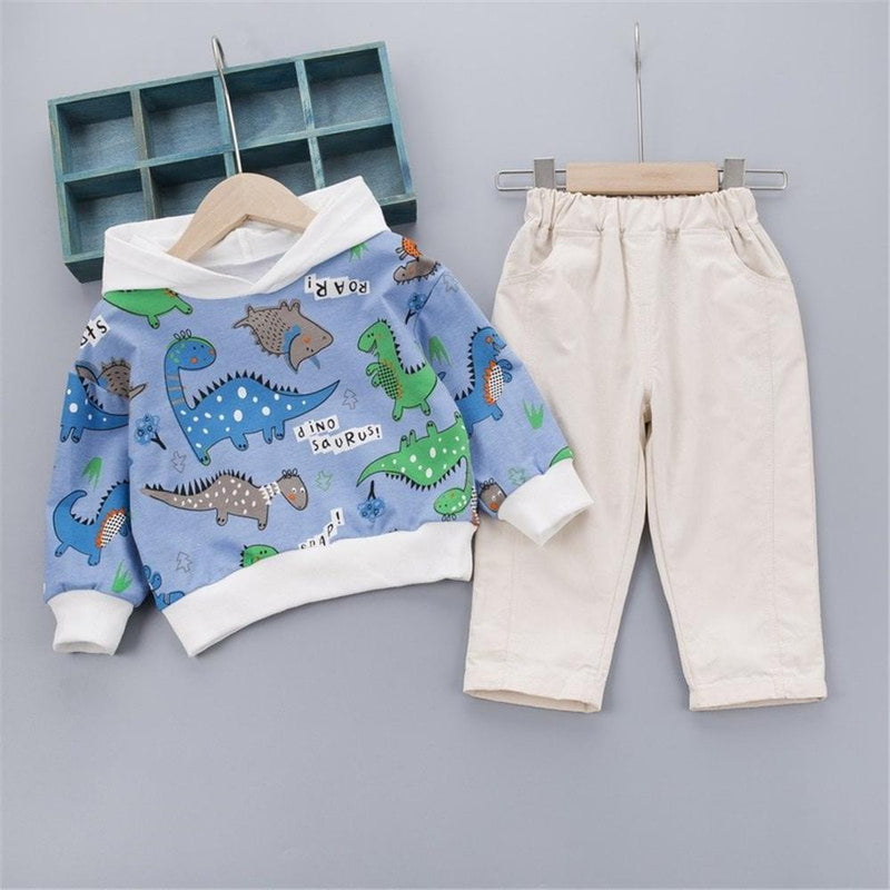 Boys Hooded Long Sleeve Dino Animal Printed Top & Pants - PrettyKid