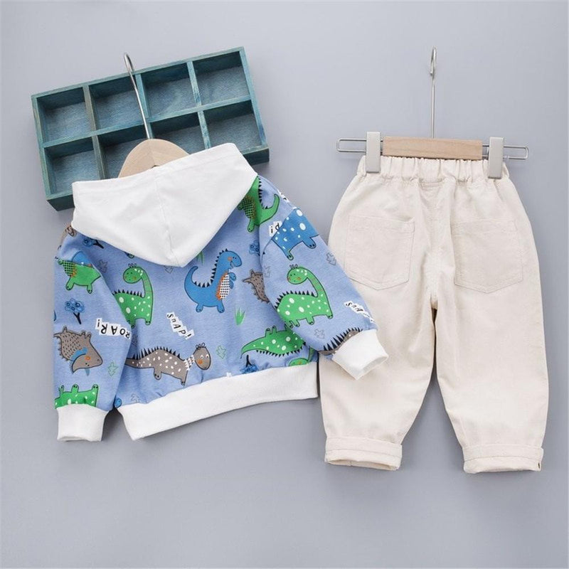 Boys Hooded Long Sleeve Dino Animal Printed Top & Pants - PrettyKid